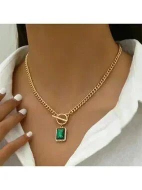 14k Gold-Filled Chain With Emerald Green Pendant Toggle Clasp 16.5 Inches Length